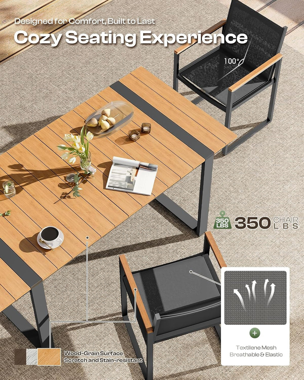Outdoor Dining Set, HDPS + Aluminum Patio Table and Chairs Set with U-Shaped Base, 7 Piece Outdoor Furniture Set with Umbrella Hole, Patio Dining Table Set for Garden, Backyard (Gray-Teak)