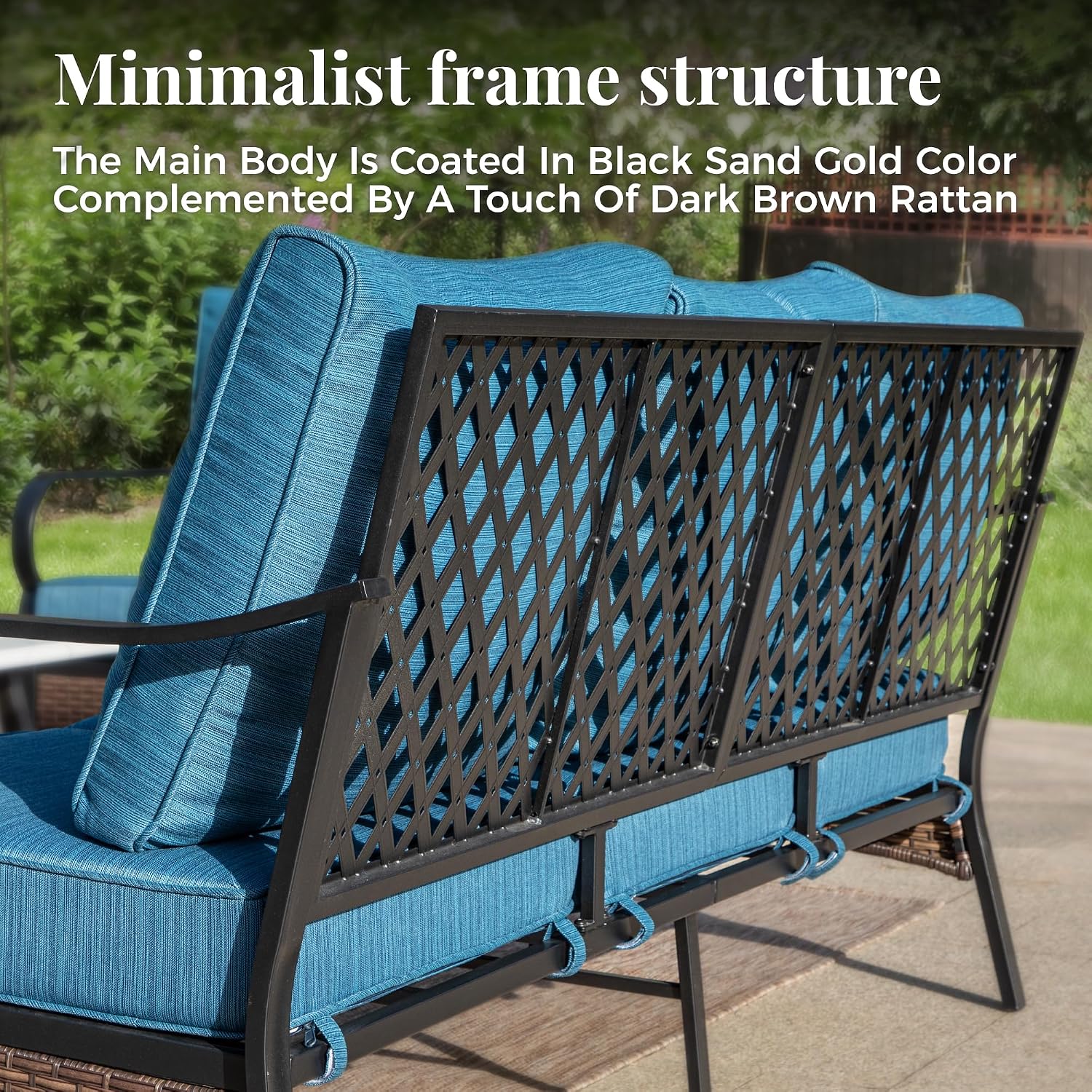 MIXPATIO Patio Furniture Set with Firepit Table, Black Frame Outdoor Conversation Set with 2 x Fixed Chairs, 1 x 3-Seat Sofa for Lawn Garden Backyard, Pacific Blue