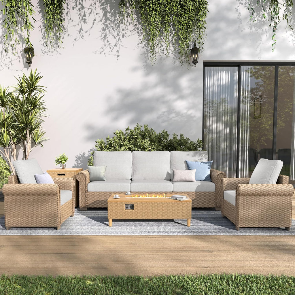 SUNSHINE VALLEY Patio Furniture Set, Wicker Rattan Outdoor Furniture Set with 5.5 Inch Thick Cushions, 2 Chairs and Fire Pit Table, 4 Pieces 5 Seats Patio Conversation Set for Backyard Deck, Beige