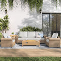 SUNSHINE VALLEY Patio Furniture Set, Wicker Rattan Outdoor Furniture Set with 5.5 Inch Thick Cushions, 2 Chairs and Fire Pit Table, 4 Pieces 5 Seats Patio Conversation Set for Backyard Deck, Beige