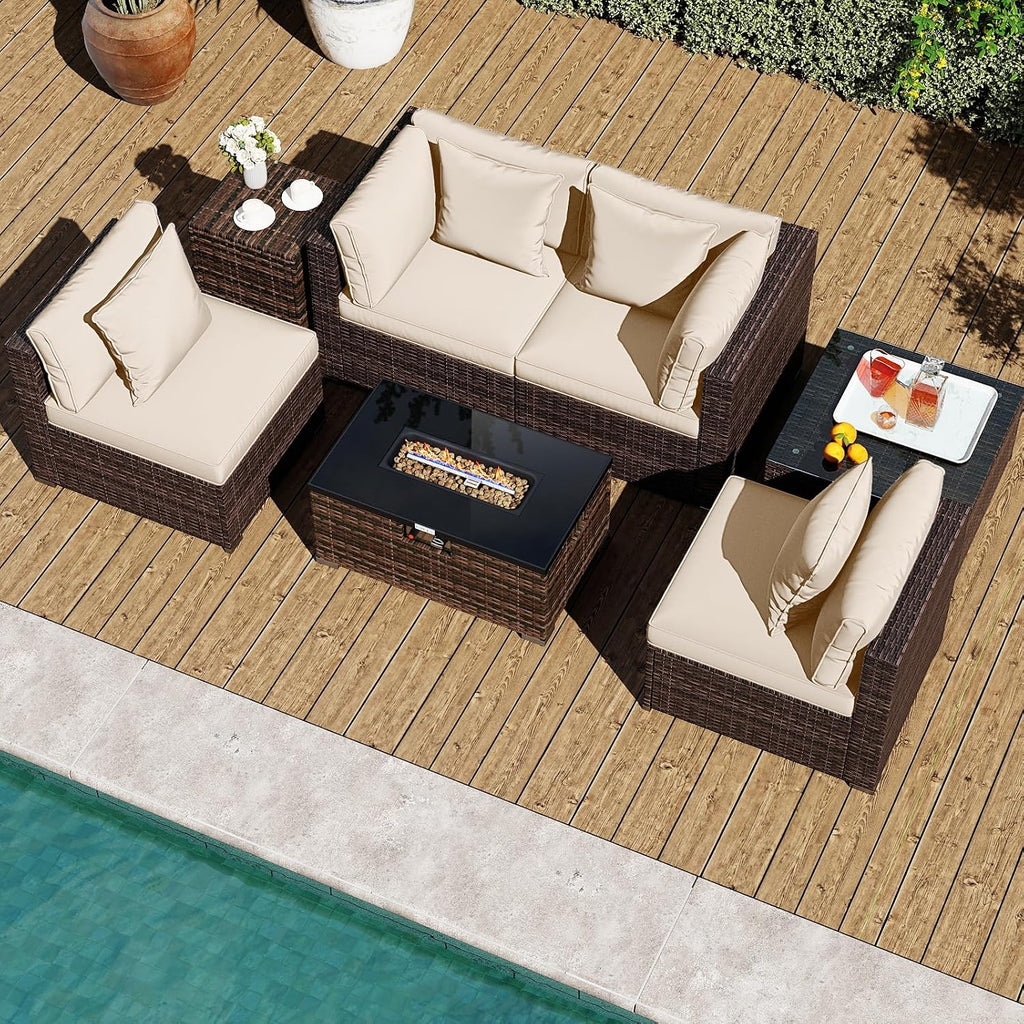 Tangkula 7 Pieces Wicker Patio Furniture Set with 40,000 BTU Gas Fire Pit Table & Propane Tank Cover Table & Glass Top Coffee Table, for Garden, Backyard and Poolside (Off White)