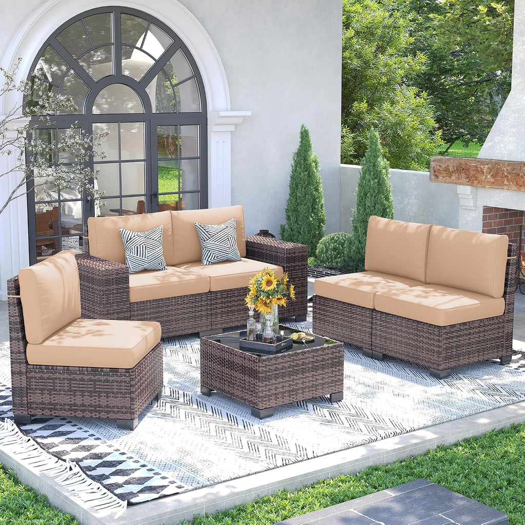 UDPATIO Patio Furniture Set, 8 Inch Armrest Outdoor Sectional Sofa with Wicker Coffee Table, 6 Piece Conversation for Garden, Backyard, Khaki