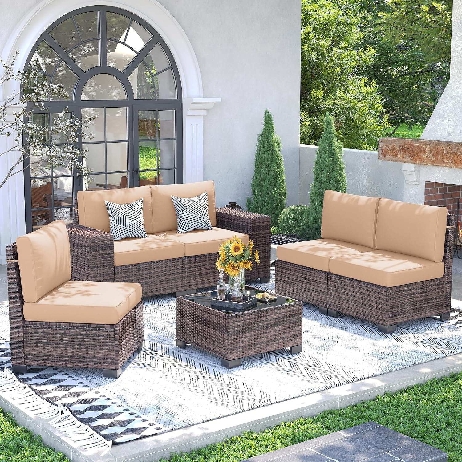 UDPATIO Patio Furniture Set, 8 Inch Armrest Outdoor Sectional Sofa with Wicker Coffee Table, 6 Piece Conversation for Garden, Backyard, Khaki