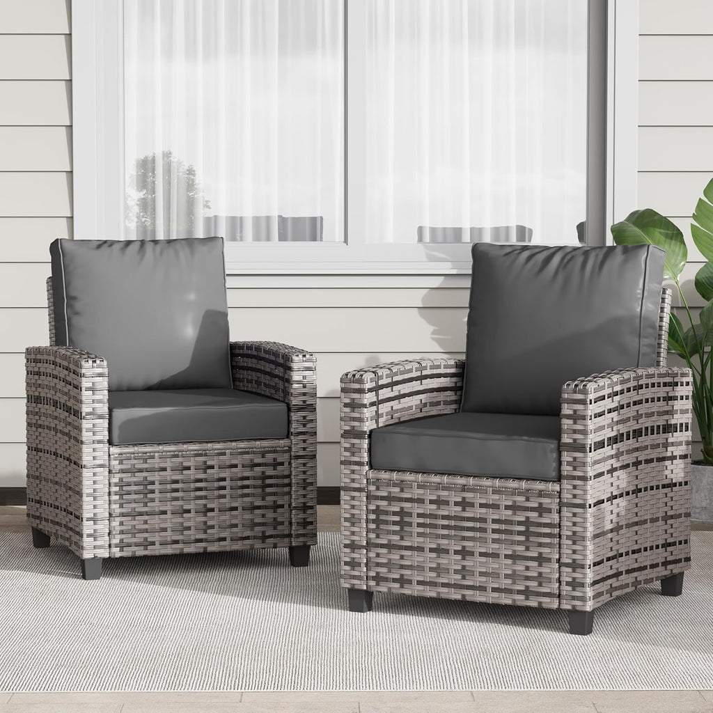 BUPPLEE 2 Pieces Patio Furniture Set, Outdoor Wicker Chairs Set of 2, All Weather High Back Rattan Chairs, Seating Club Chair Porch Chairs Set with Cushions for Balcony Porch Deck, Grey2