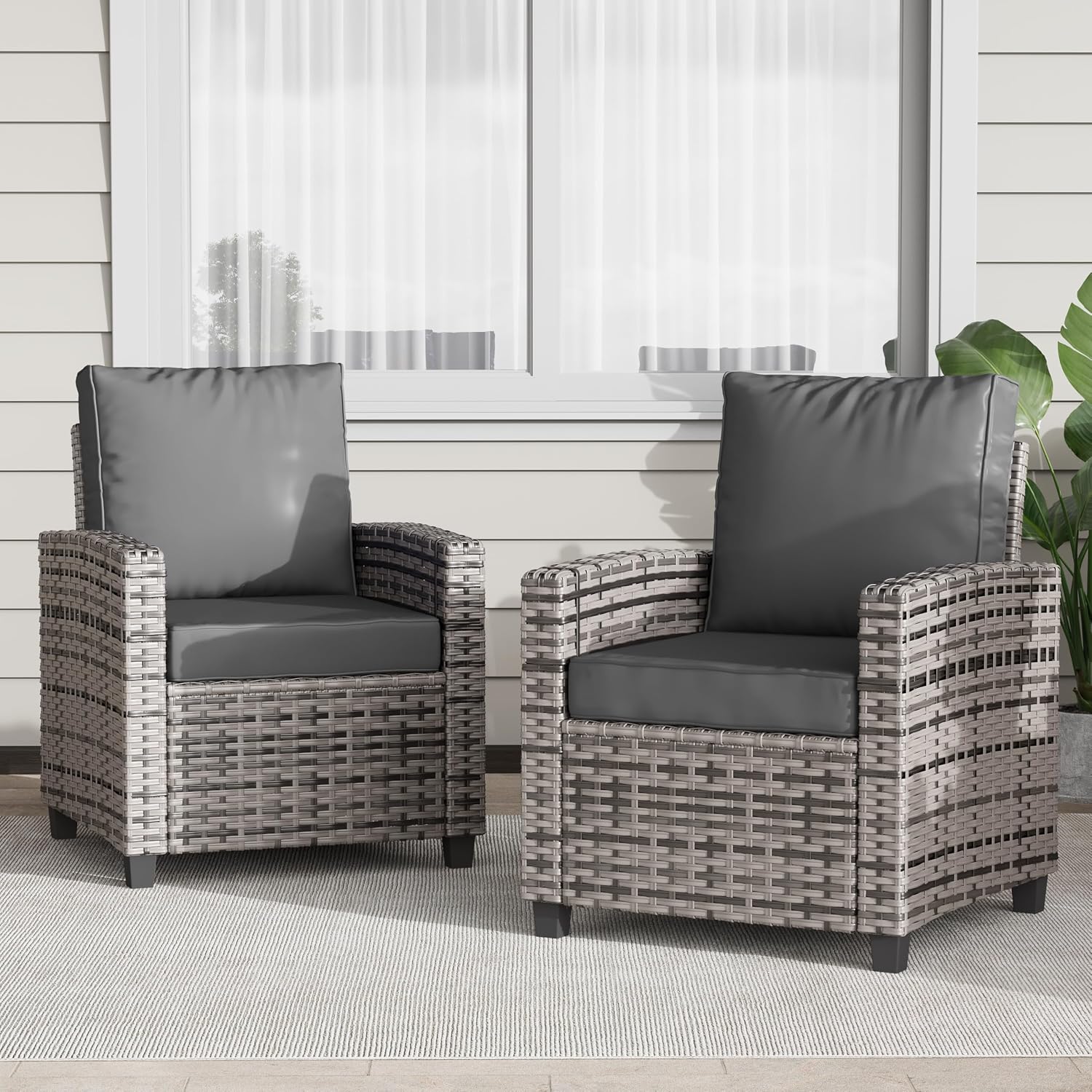 BUPPLEE 2 Pieces Patio Furniture Set, Outdoor Wicker Chairs Set of 2, All Weather High Back Rattan Chairs, Seating Club Chair Porch Chairs Set with Cushions for Balcony Porch Deck, Grey2