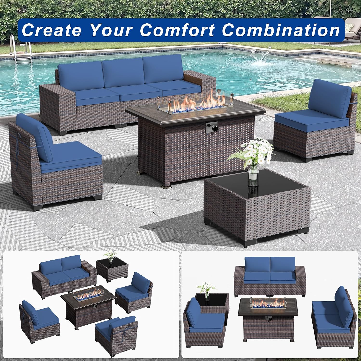 Outdoor Patio Furniture Set with Gas Fire Pit Table, 7 Pieces Patio Furniture Set Outdoor Sectional Sofa w/43in Propane Fire Pit, PE Wicker Rattan Patio Conversation Set - Dark Blue