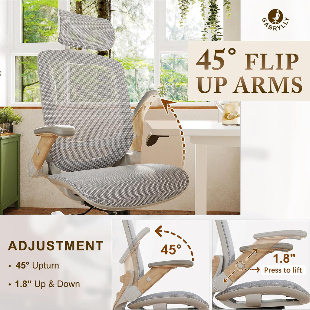GABRYLLY Ergonomic Office Chair, High Back Home Desk Chair with Flip-Up Arms, Headrest, 90-120° Tilt and Wide Cushion, 300LBS White Mesh Chair for Work Gaming Study (GY01-NT, Woodgrain Pattern)