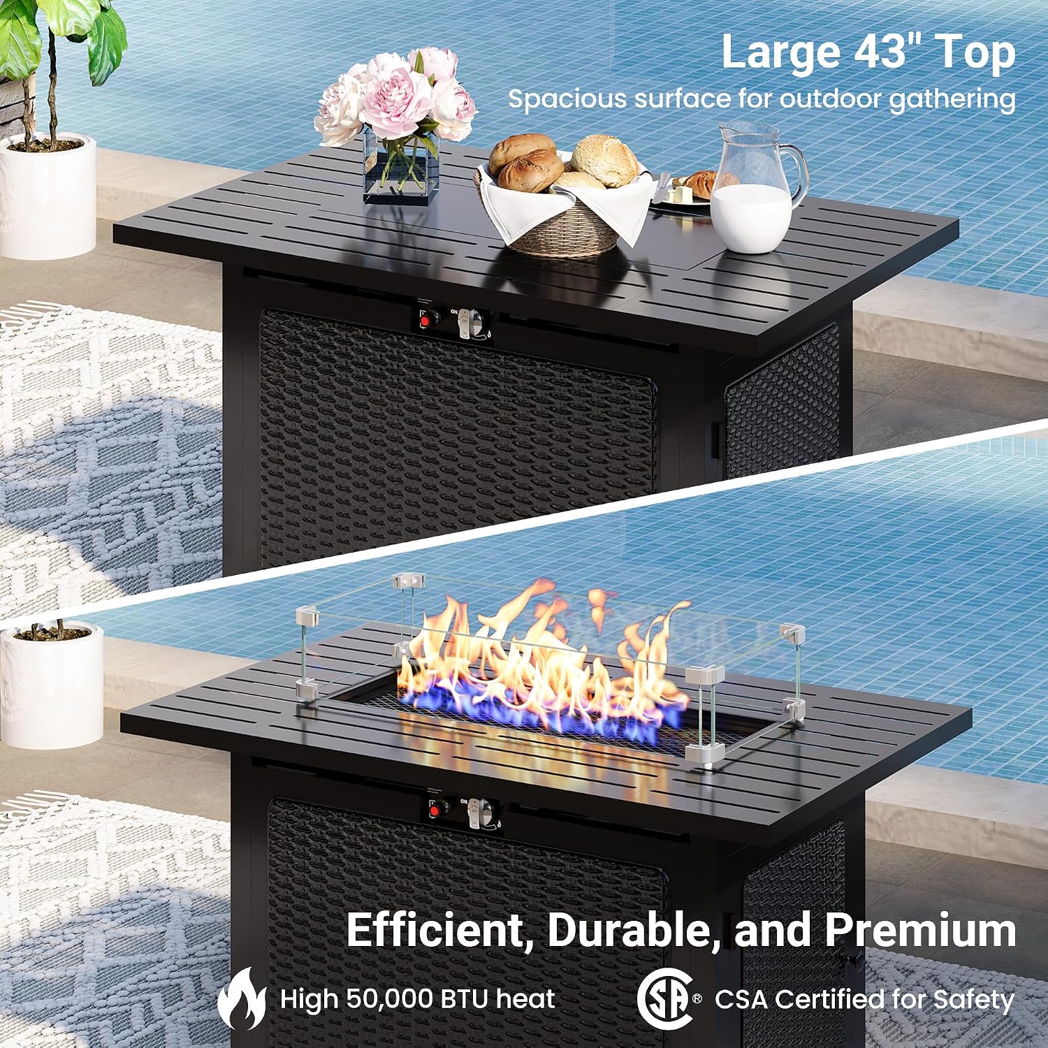 8 Pieces Outdoor Patio Furniture Set with 43' Fire Pit Table, Wicker Outdoor Patio Sectional Sofas Coffee Table, All-Weather Patio Conversation Set with Cushions for Garden Backyard, Light Blue