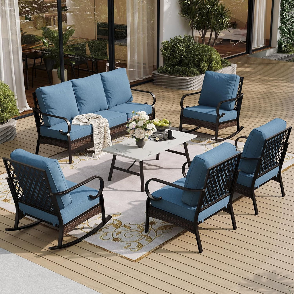 SUNSHINE VALLEY 6 Piece Metal Outdoor Patio Furniture Set, Patio Conversation Set with Rocking Chair and 5.75' Thick Cushion & Coffee Tabl, Outdoor Seating Black Frame Backyard Furniture, Denim Blue