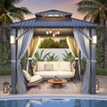 GARTOO 8.5x8.5FT Outdoor Hardtop Gazebo with Double Roof - Aluminum Heavy-Duty Steel Top Gazebo with Solar LED Light, Breathable Netting & Privacy Curtain for Patio, Porch, Garden, Backyard