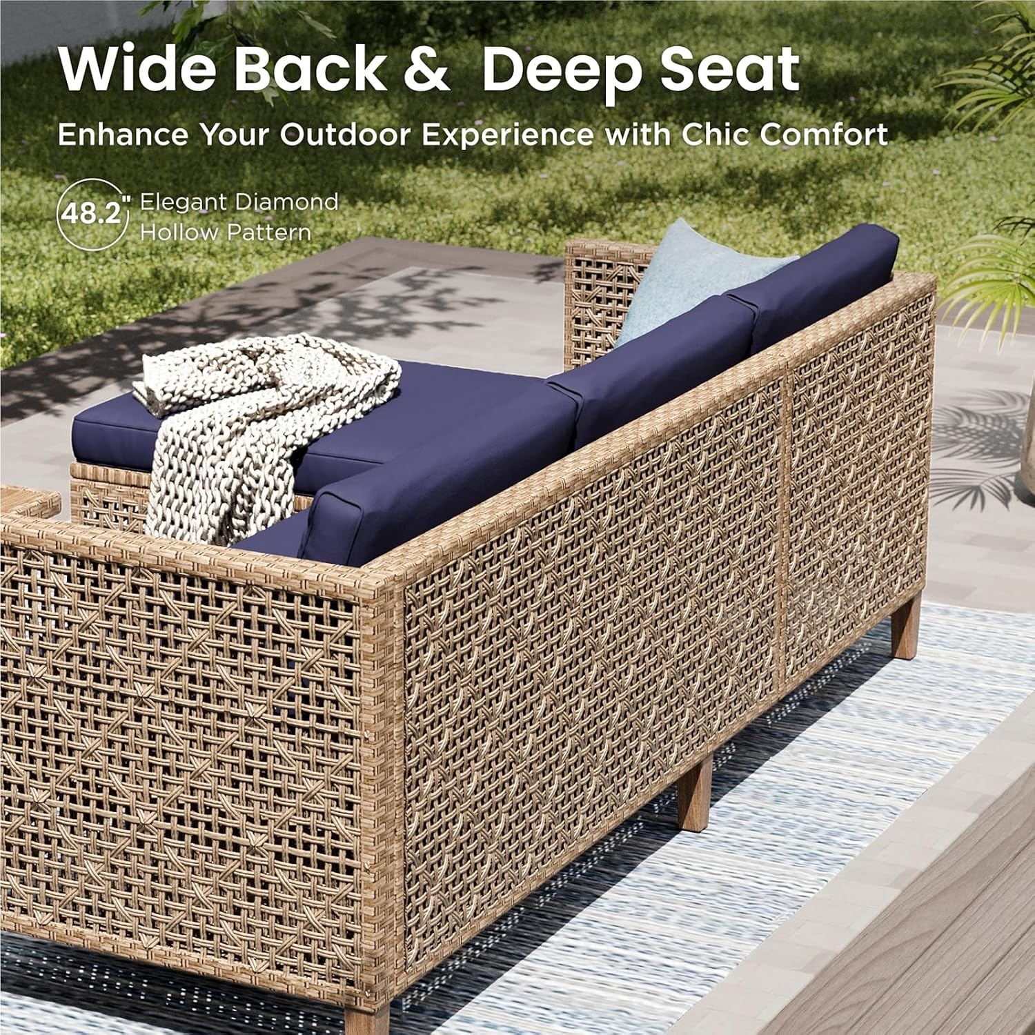 PHI VILLA Sectional Outdoor Couch, L-Shaped Wicker Patio Sofa Set, Small Rattan Patio Furniture Set with Acacia Wood Coffee Table for Deck Porch, 4 Seats, Navy Blue Cushion