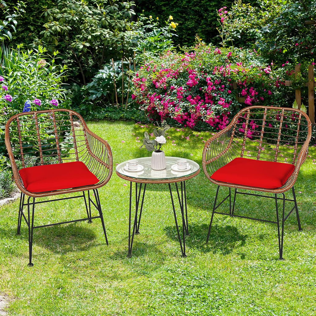 Tangkula 3 Pieces Patio Conversation Bistro Set, Outdoor Wicker Furniture w/Round Tempered Glass Top Table & 2 Rattan Armchairs, Bistro Chat Set w/Seat Cushions for Porch, Backyard, Garden