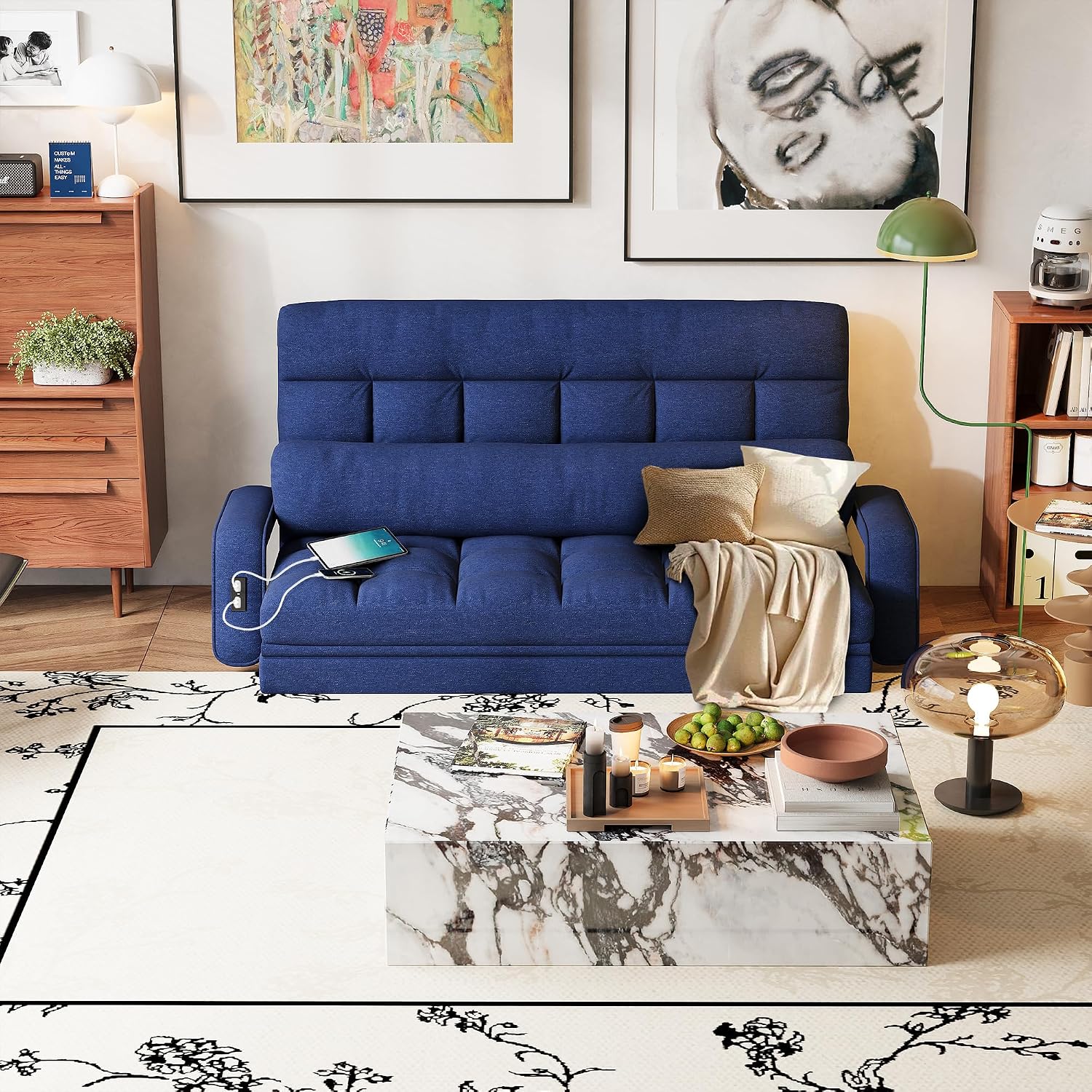 STHOUYN Comfy Bedroom Chair with 2 USB Charging Ports, 5-Position Floor Couch Gaming Chairs for Adults, Lounge Chair Indoor Folding Lazy Sofa Meditation Arm Dorm Chair Living Room (Navy Blue)