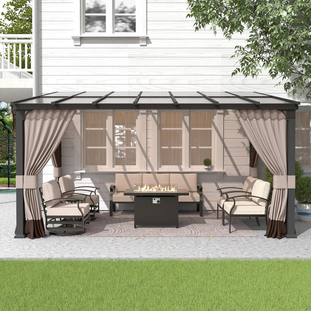Gotland 10 FT x 14 FT Lean to Gazebo, 3 in 1 Outdoor Gazebo with Sloped Roof, Wall Mounted Gazebo with Ground Anchor Sturdy Structure, Galvanized Steel Metal Pergola for Backyard Deck Khaki