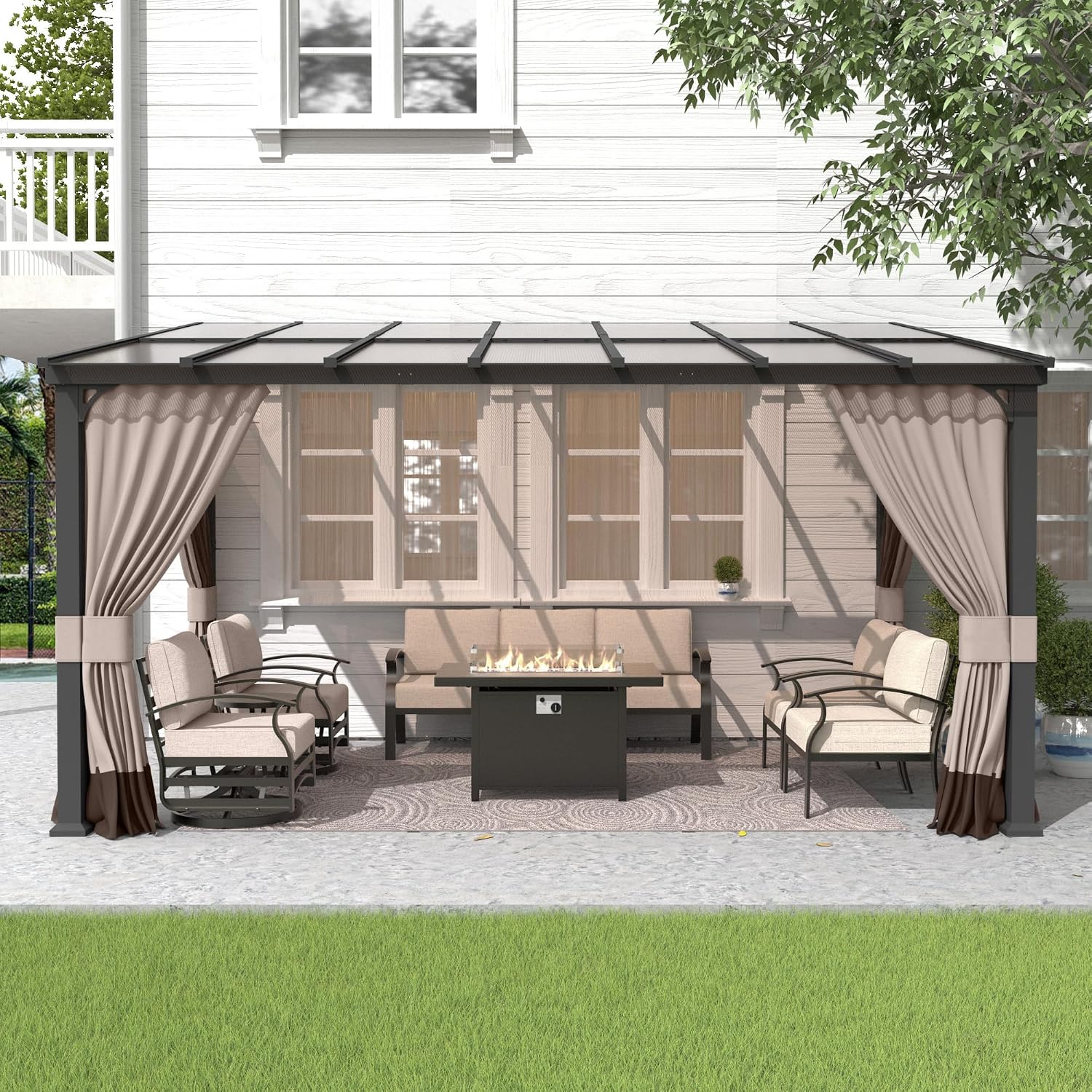 Gotland 10 FT x 14 FT Lean to Gazebo, 3 in 1 Outdoor Gazebo with Sloped Roof, Wall Mounted Gazebo with Ground Anchor Sturdy Structure, Galvanized Steel Metal Pergola for Backyard Deck Khaki