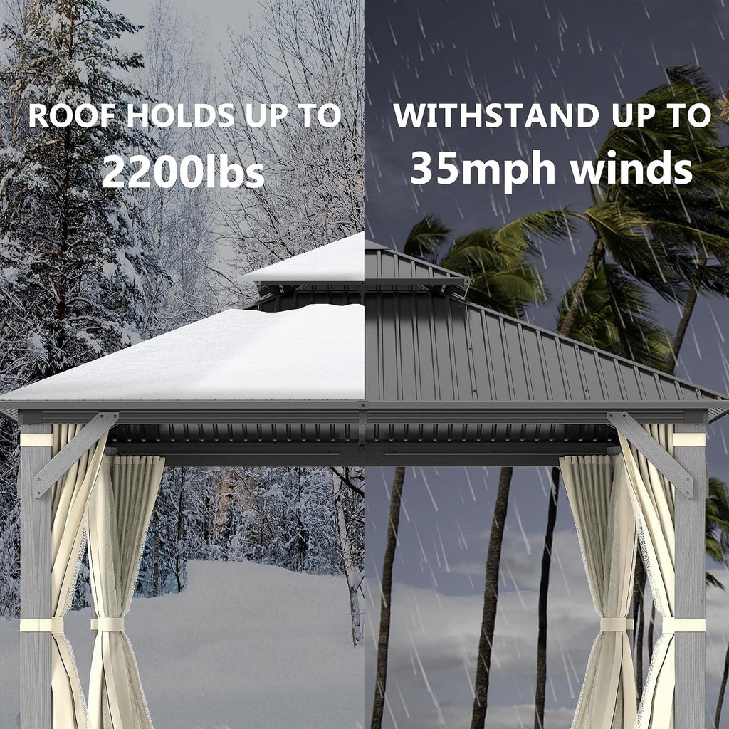 COVERONICS 12'x12' Outdoor Wood Gazebo - Hardtop Wooden Gazebo with Galvanized Steel Roof, Heavy-Duty Pavilion with Netting & Curtains for Garden, Poolside, Deck, Backyard