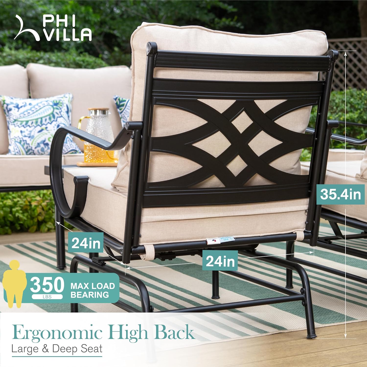PHI VILLA Outdoor Patio Rocking Sofa Chairs Set of 2, Metal Patio Furniture Armchair,Heavy Duty Outdoor Sofas with 5.5' Thicken Cushions(Outdoor Sofa Complementary Set)