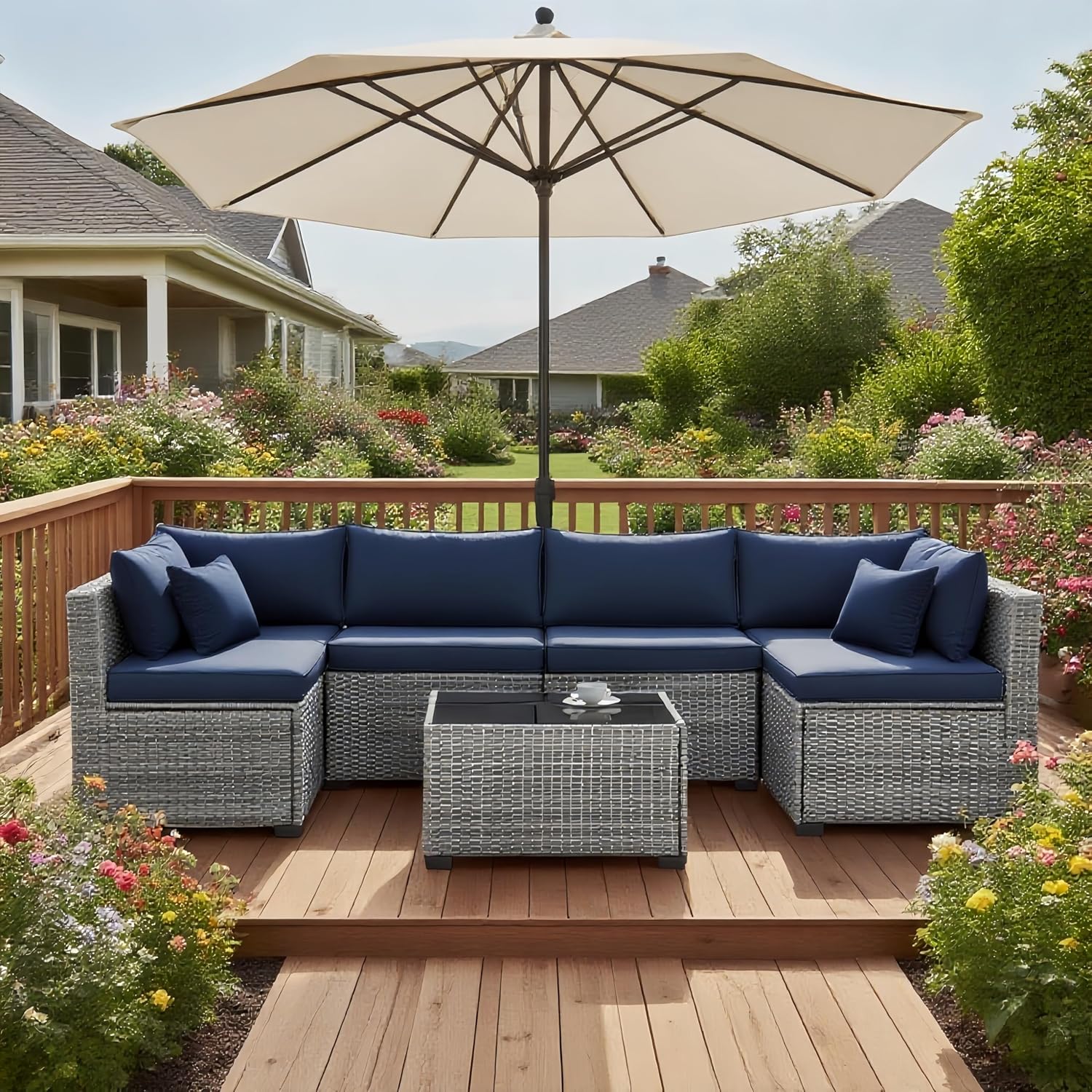 7-Piece Outdoor Rattan Sectional Sofa Set, Gray Wicker Patio Furniture Sets with Navy Blue Cushions for Balcony, Porch, Backyard