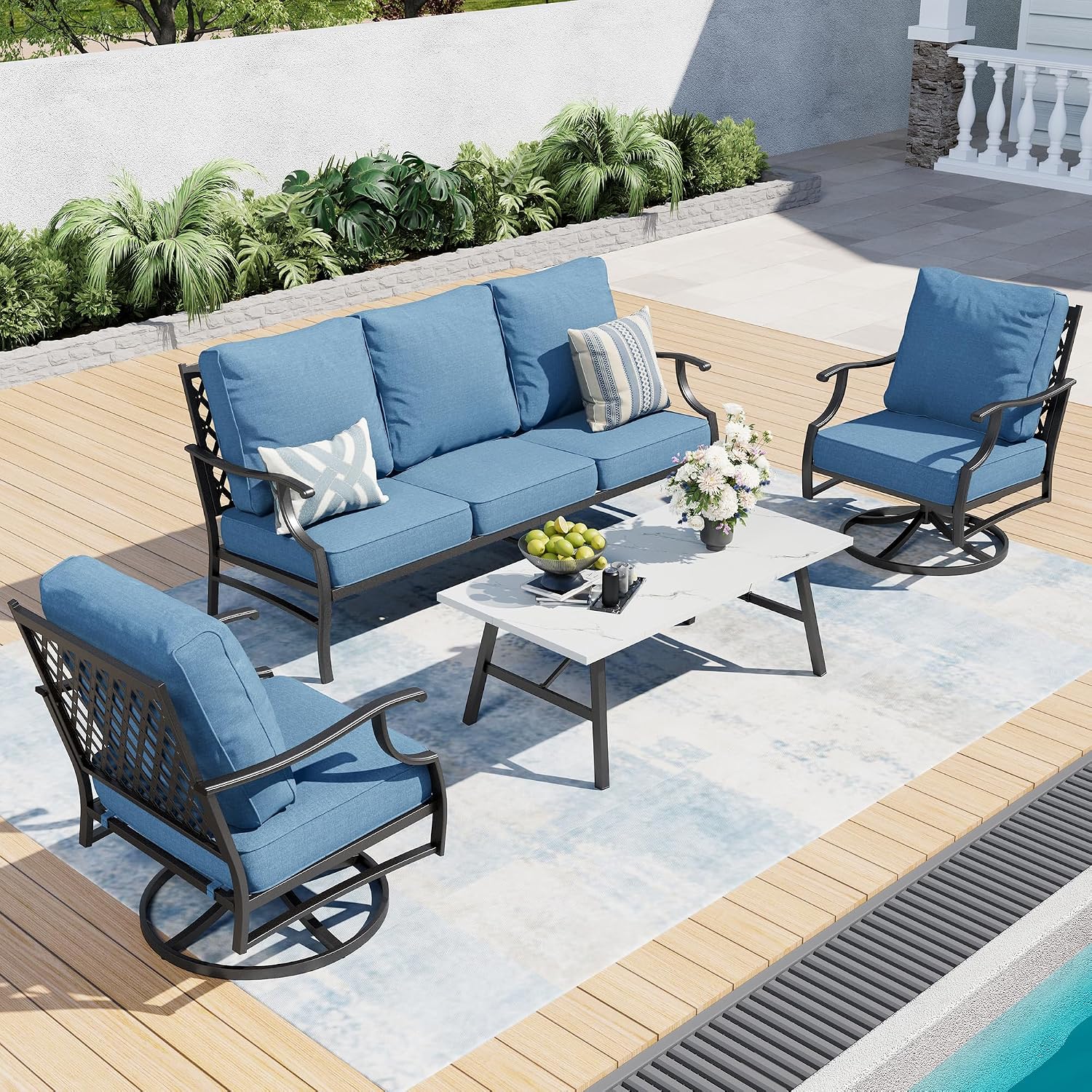 SUNSHINE VALLEY 4 Piece Metal Outdoor Patio Furniture Set, Patio Conversation Sets 1 3-seater Sofa, 2 Swivel Chair with 5.75' Extra Thick Cushion and Coffee Table, Black Frame Backyard Furniture, Navy