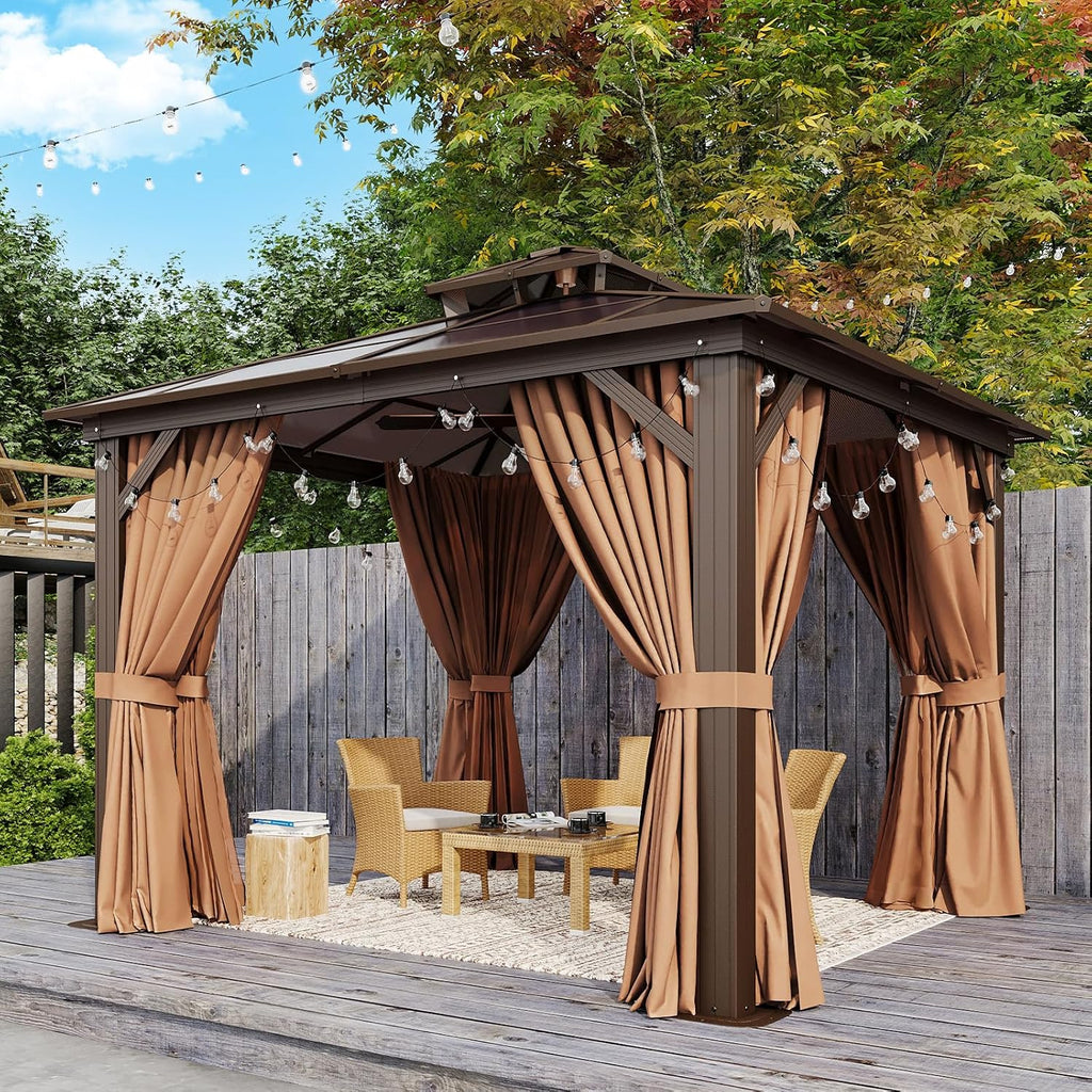 Aoxun 10'x10' Hardtop Gazebo, Outdoor Polycarbonate Double Top Canopy, Aluminum Frame Gazebo with Netting and Curtains, Sunshade for Patios, Gardens, Lawns