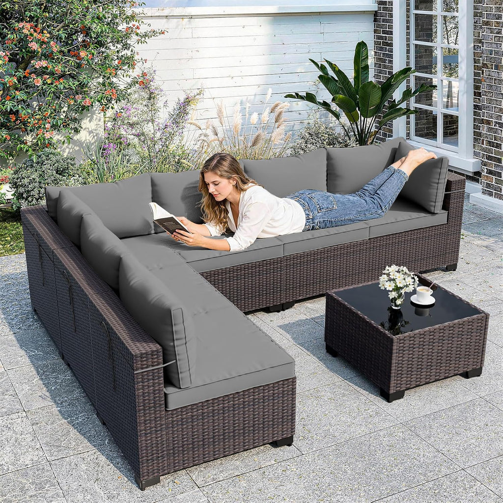 ALAULM Patio Furniture Set with Coffee Table, 7 Pieces Outdoor Sectional with Wide Seat and Thick Cushion, All Weather Wicker Rattan Conversation Set for Backyard, Garden, Deck, Grey