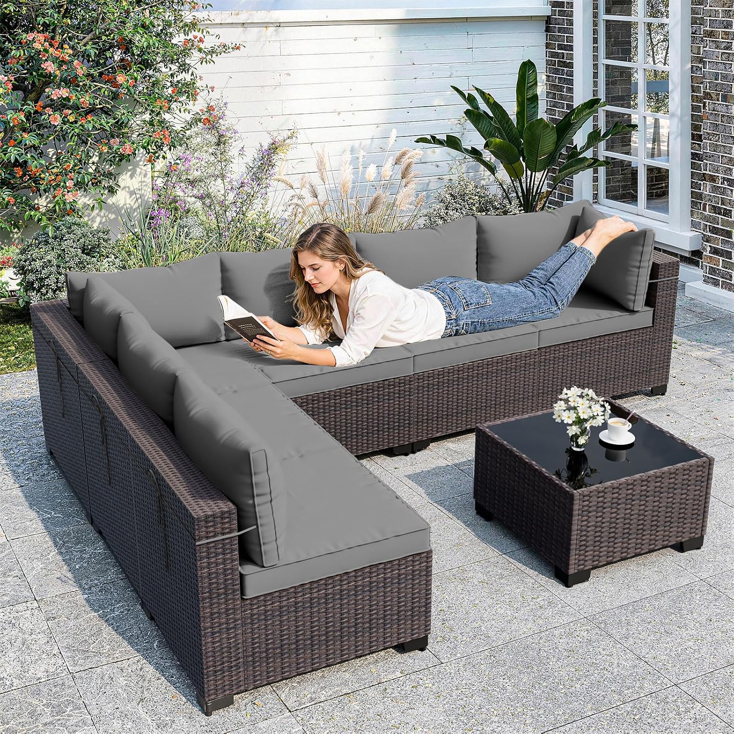ALAULM Patio Furniture Set with Coffee Table, 7 Pieces Outdoor Sectional with Wide Seat and Thick Cushion, All Weather Wicker Rattan Conversation Set for Backyard, Garden, Deck, Grey