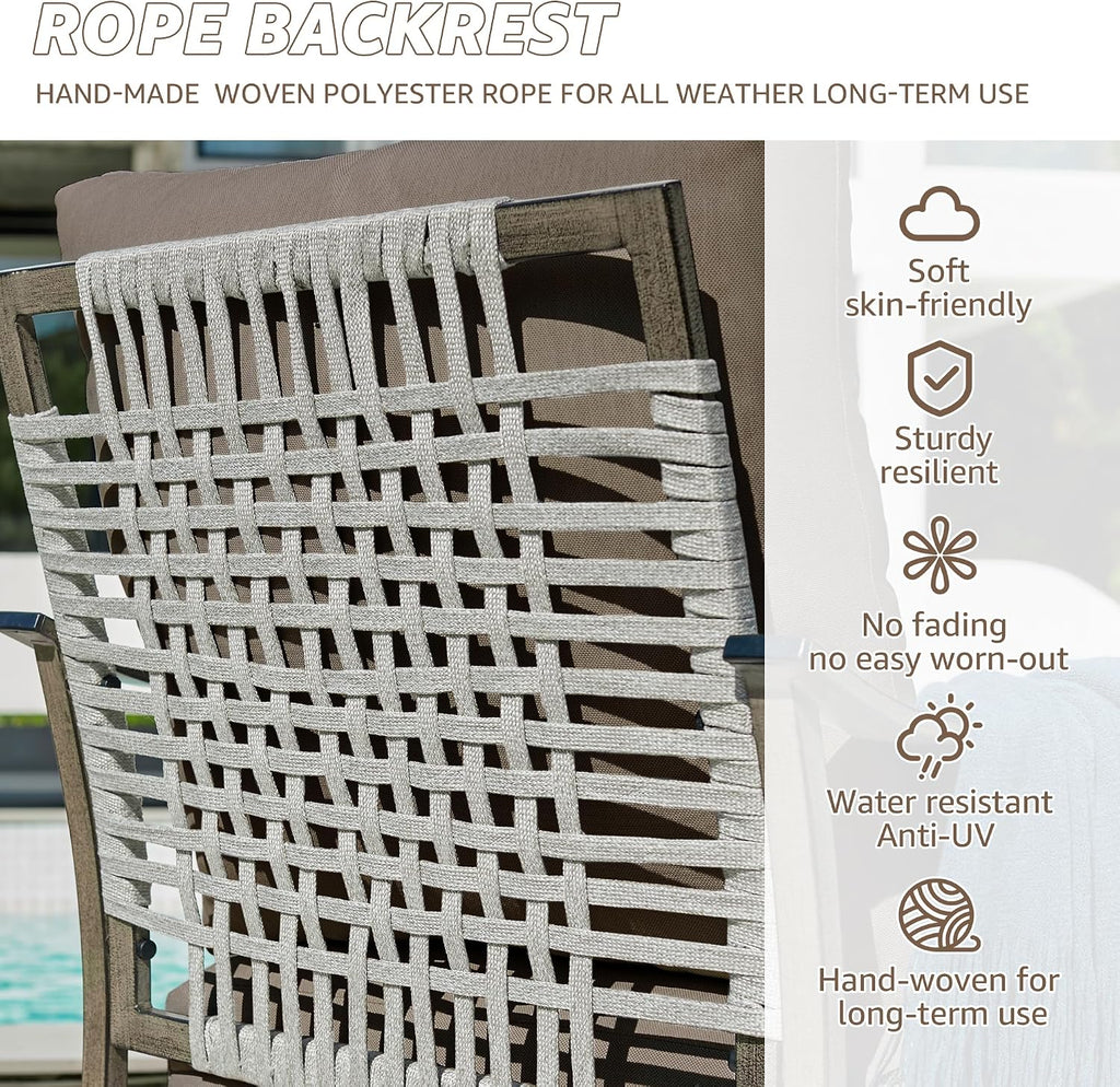 NATURAL EXPRESSIONS Patio Furniture Set,4 Piece Outdoor Conversation Metal Swivel Rocking Chairs Set with Hand-Woven Rope High Back,Sturdy Hand Brushed Wood Grain Finish Frame,6' Cushions for Yard
