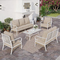 SUNSHINE VALLEY 6 Piece Metal Outdoor Patio Furniture Set, Patio Conversation Set 1 3-Seater Sofa, 2-Seater Sofa, 2 Fixed Chair with 5.75' Thick Cushion & Coffee Table White Backyard Furniture, Beige