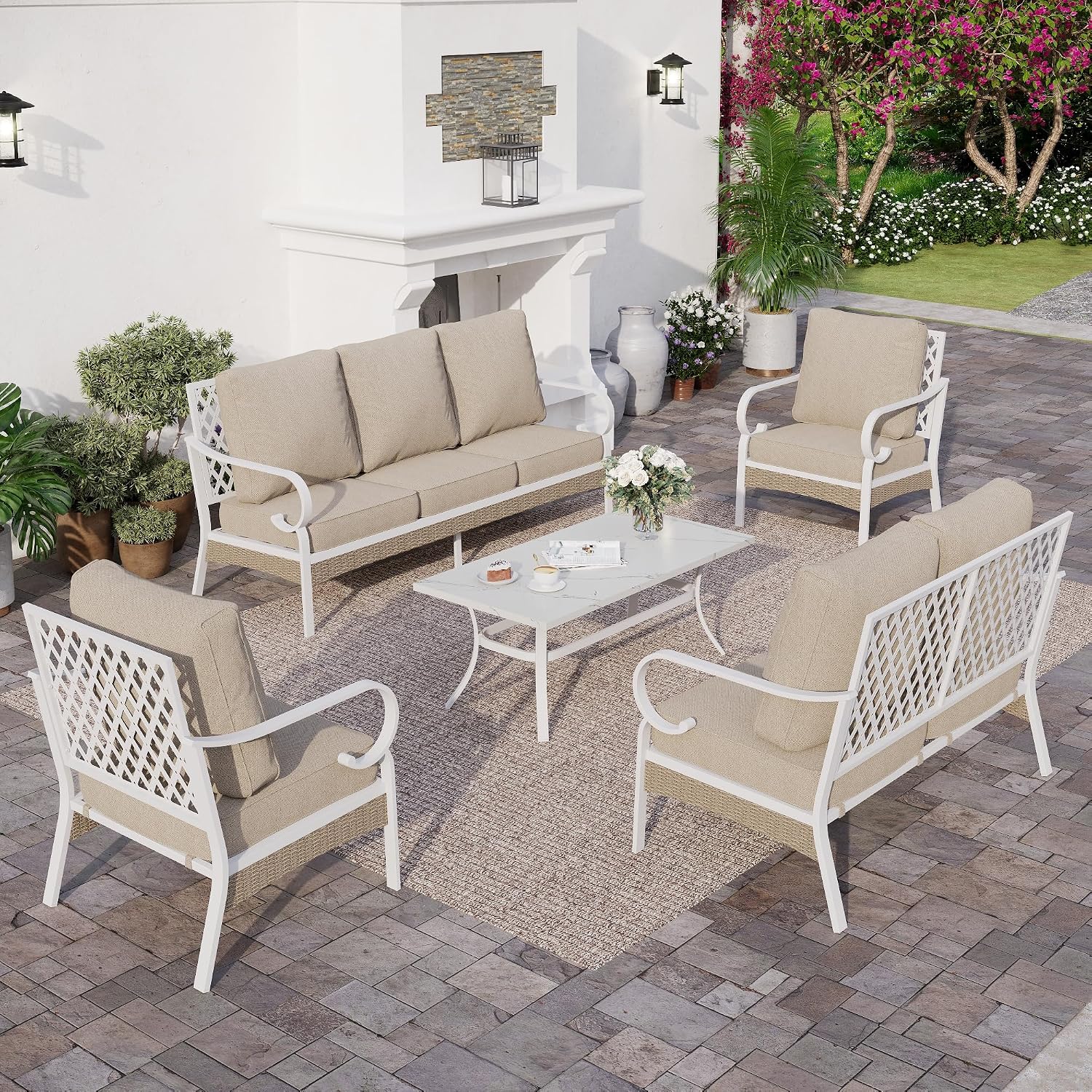 SUNSHINE VALLEY 6 Piece Metal Outdoor Patio Furniture Set, Patio Conversation Set 1 3-Seater Sofa, 2-Seater Sofa, 2 Fixed Chair with 5.75' Thick Cushion & Coffee Table White Backyard Furniture, Beige