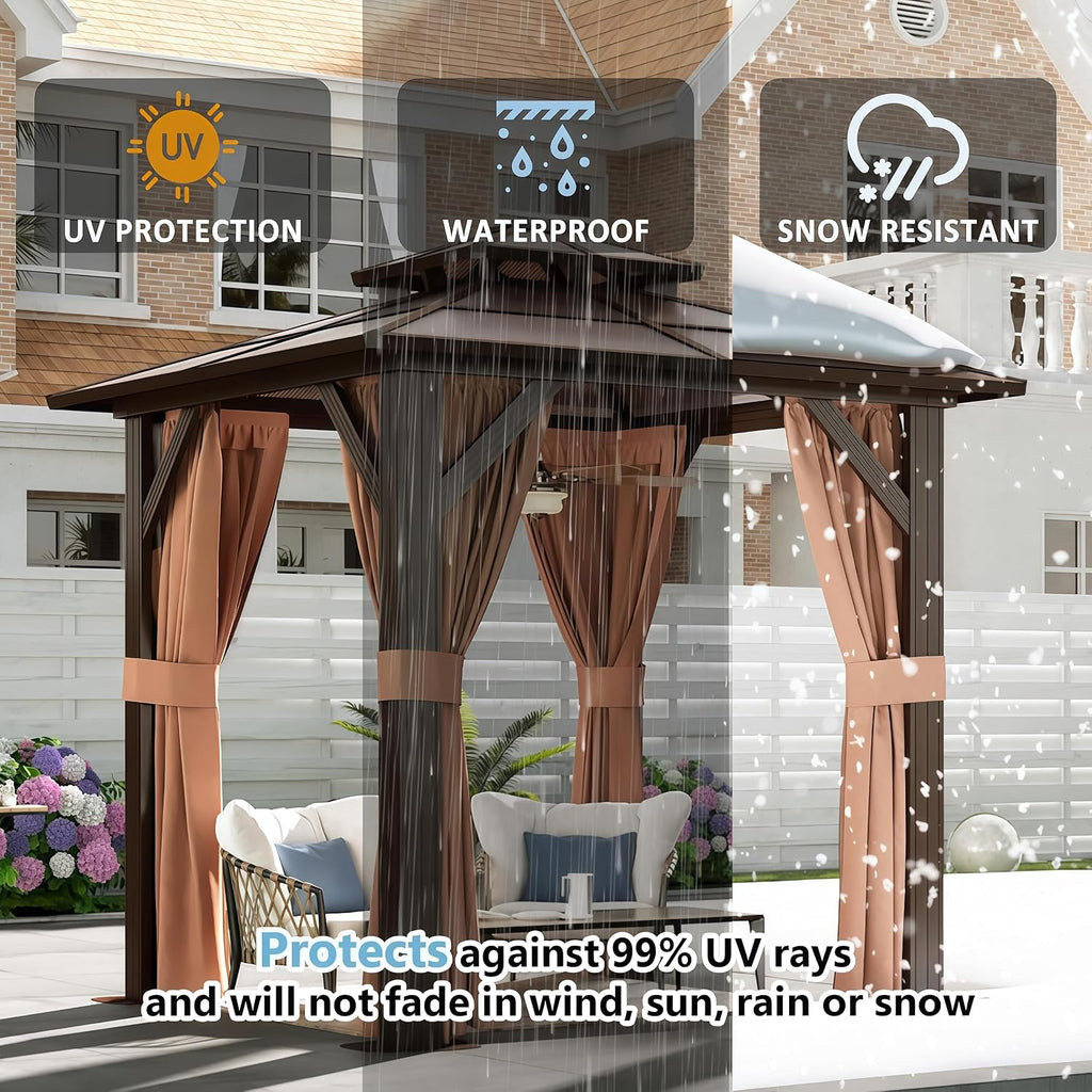 Aoxun 8'x 8' Hardtop Gazebo, Outdoor Polycarbonate Double Top Canopy, Aluminum Frame Gazebo with Netting and Curtains, Sunshade for Gardens, Patios, Lawns, Brown