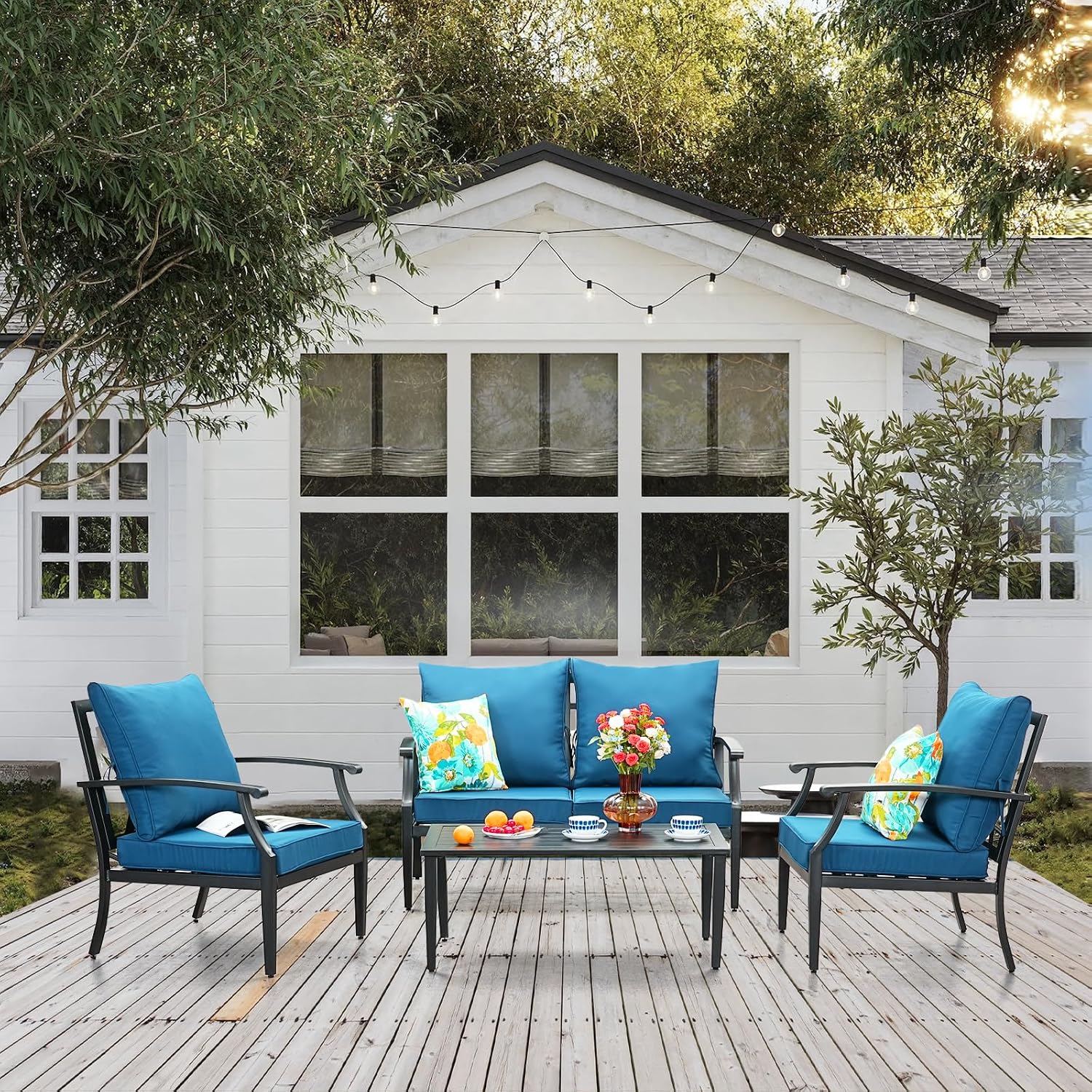 JOYURE 4 Pieces Patio Furniture Set w/loveseat,Coffe Table,Outdoor Conversation Metal Sofa with High Back and Thick Cushion,for Backyard,Garden,Peacock Blue
