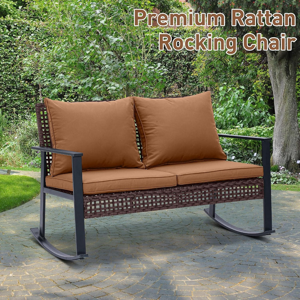 Ainfox Outdoor Wicker Loveseat Rocking Chair, Patio Rattan Rocker Chair with Cushions，All-Weather Modern Cozy Rocking Wicker Furniture for Garden Balcony Porch, Brown