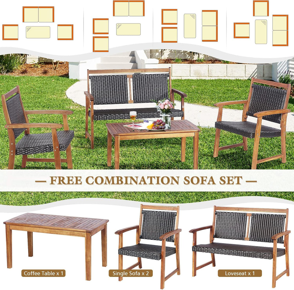Tangkula 4 Pieces Patio Rattan Conversation Set with Acacia Wood Frame, Patiojoy Outdoor Furniture Set with Chairs & Coffee Table, Sectional Furniture Set for Garden, Backyard, Poolside