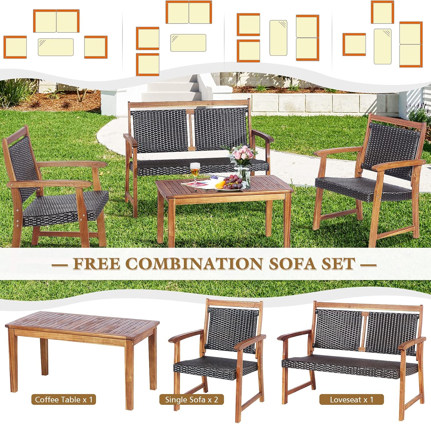 Tangkula 4 Pieces Patio Rattan Conversation Set with Acacia Wood Frame, Patiojoy Outdoor Furniture Set with Chairs & Coffee Table, Sectional Furniture Set for Garden, Backyard, Poolside