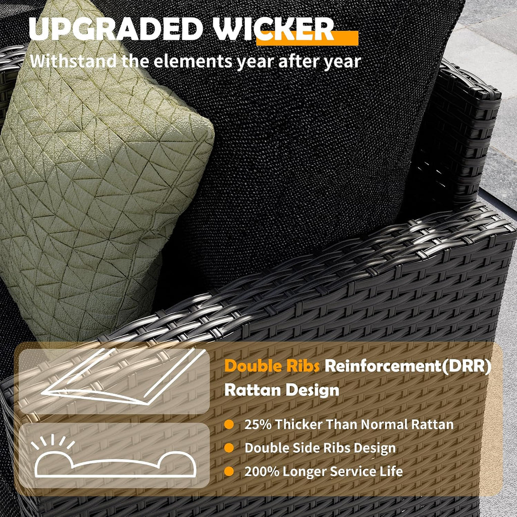 UDPATIO Patio Furniture Set, 6 Pieces Outdoor Sectional Couch with Swivel Rocking Chair, Gray Wicker Rattan Sofa with Side Table, 4' Thick Cushion for Garden Backyard Deck,Black