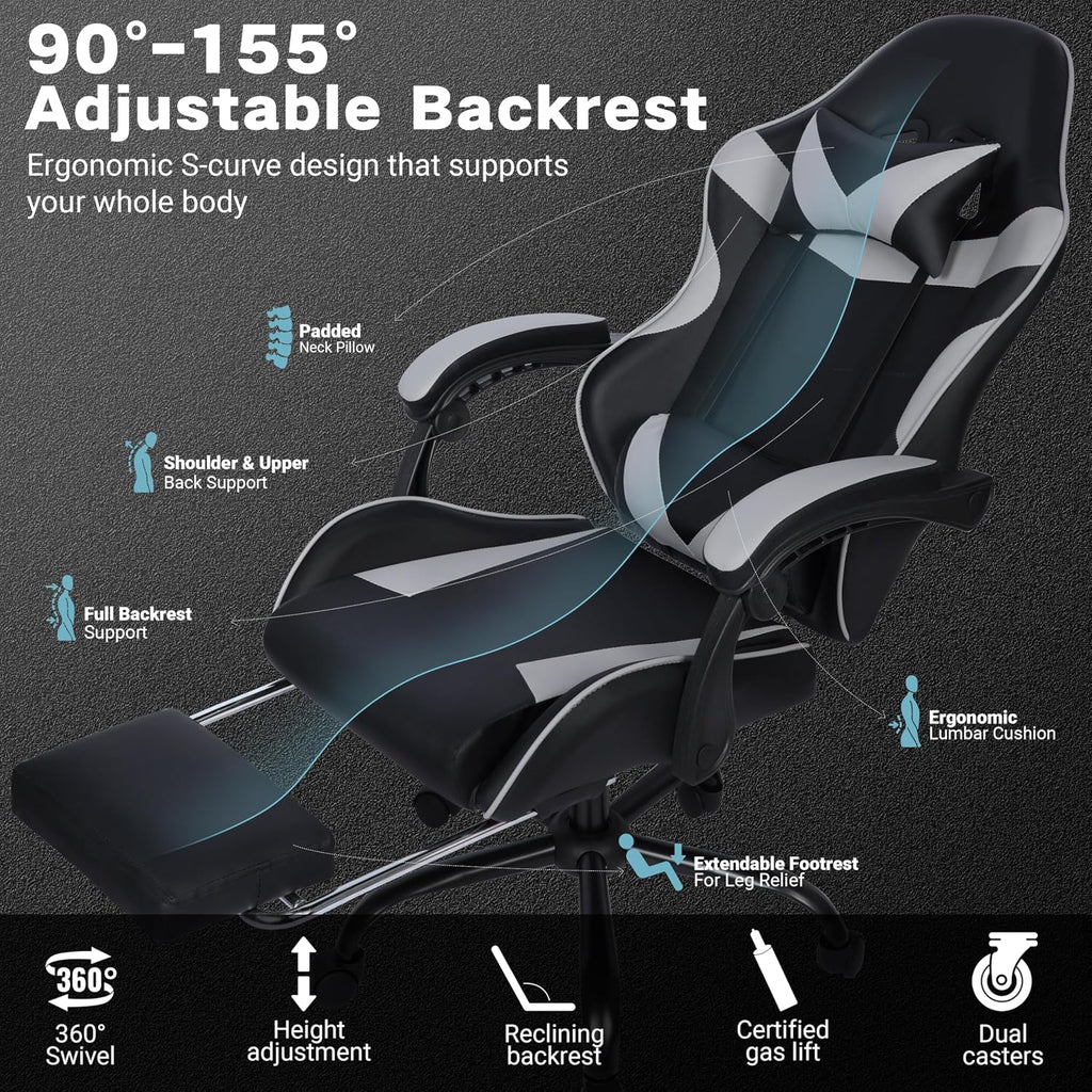 FAB&Deluxe Gaming Chair, Ergonomic Computer Office Chair with Footrest and Lumbar Support, Height Adjustable Desk Chair with 360° Swivel Seat and Headrest, Grey & Black