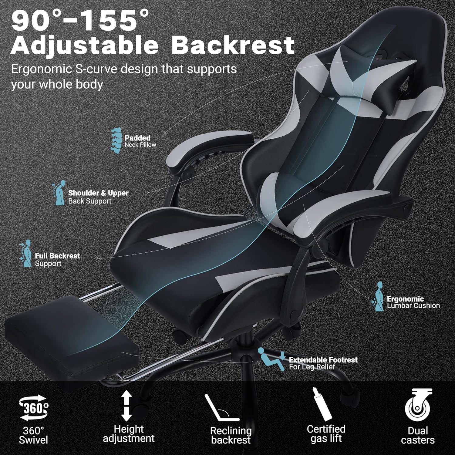 FAB&Deluxe Gaming Chair, Ergonomic Computer Office Chair with Footrest and Lumbar Support, Height Adjustable Desk Chair with 360° Swivel Seat and Headrest, Grey & Black