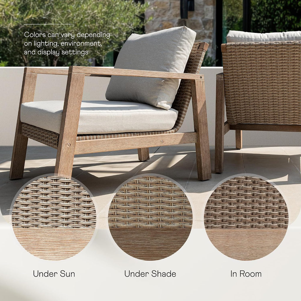 IDZO Olivier Premium Eucalyptus Outdoor Club Chairs Set of 2, 400lbs Heavy Duty Patio Furniture Set, Ergonomic Slanted Backrest Design, 4.5in Thick Cushion, Wood Wicker Silver Gray