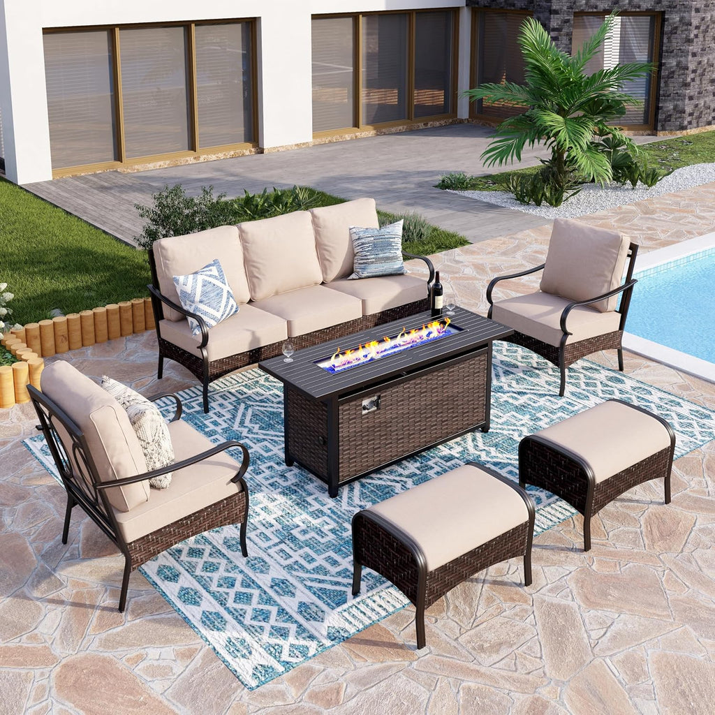 Patio Furniture Set with 56' Fire Pit Table, Premium Outdoor Wicker Metal Frame Furniture with Upgraded Waterproof Thick Cushions for Porch, Poolside, Deck, and Yard （8 Pieces,Beige）
