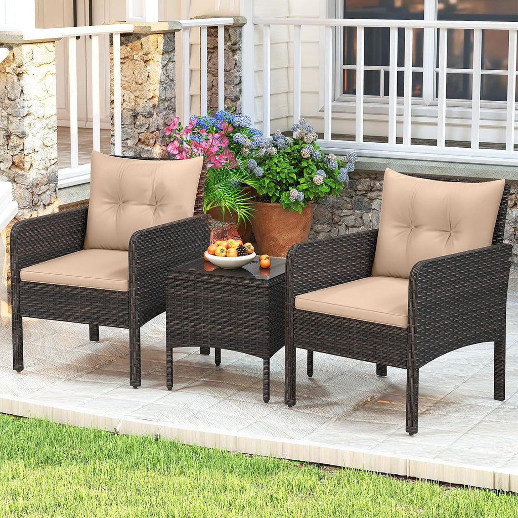 HAPPYGRILL 3 Piece Patio Bistro Set Rattan Wicker Outdoor Conversation Set with Cushions and Coffee Table, Outside Furniture with Rattan Chairs for Porch, Balcony, Deck and Garden (Beige)
