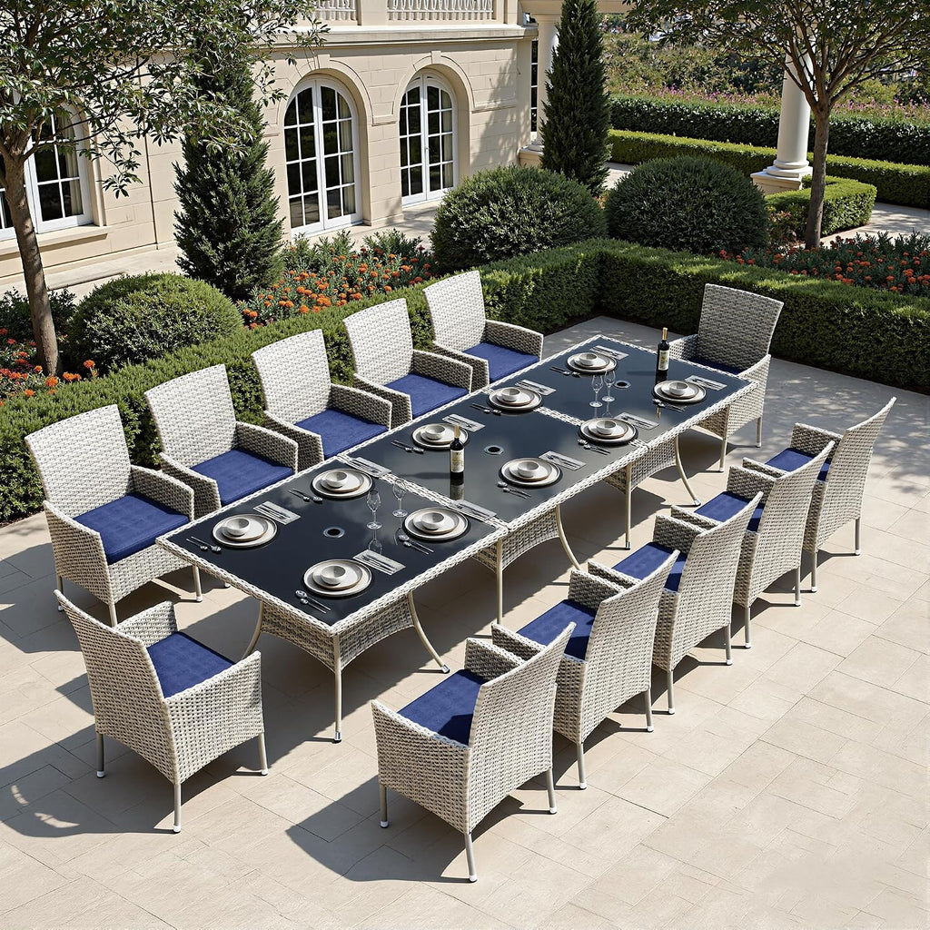 Outdoor Dining Set, 15-Piece Patio Furniture Set with Tempered Glass Table and 12 Cushioned Chairs, Dual-Strand Wicker Rattan, Balcony Furniture for Backyard, Garden, Deck,– Navy Blue