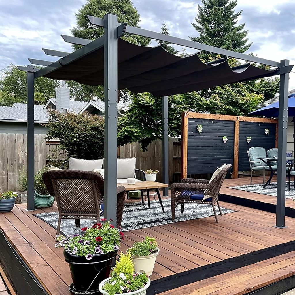 PURPLE LEAF 10' X 12' Outdoor Retractable Pergola with Sun Shade Canopy Patio Metal Shelter for Porch Garden Beach Pavilion Grill Gazebo Modern Yard Grape Trellis Pergola, Gray