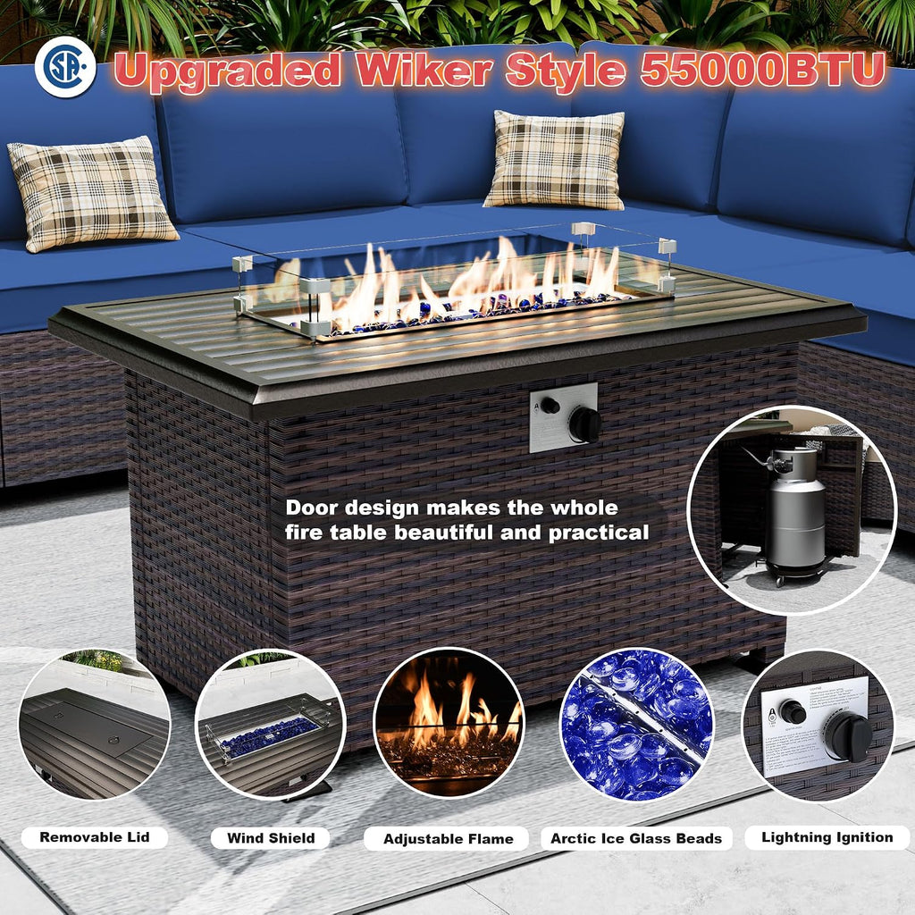 Outdoor Patio Furniture Set with Gas Fire Pit Table, 7 Pieces Patio Furniture Set Outdoor Sectional Sofa w/43in Propane Fire Pit, PE Wicker Rattan Patio Conversation Set - Dark Blue