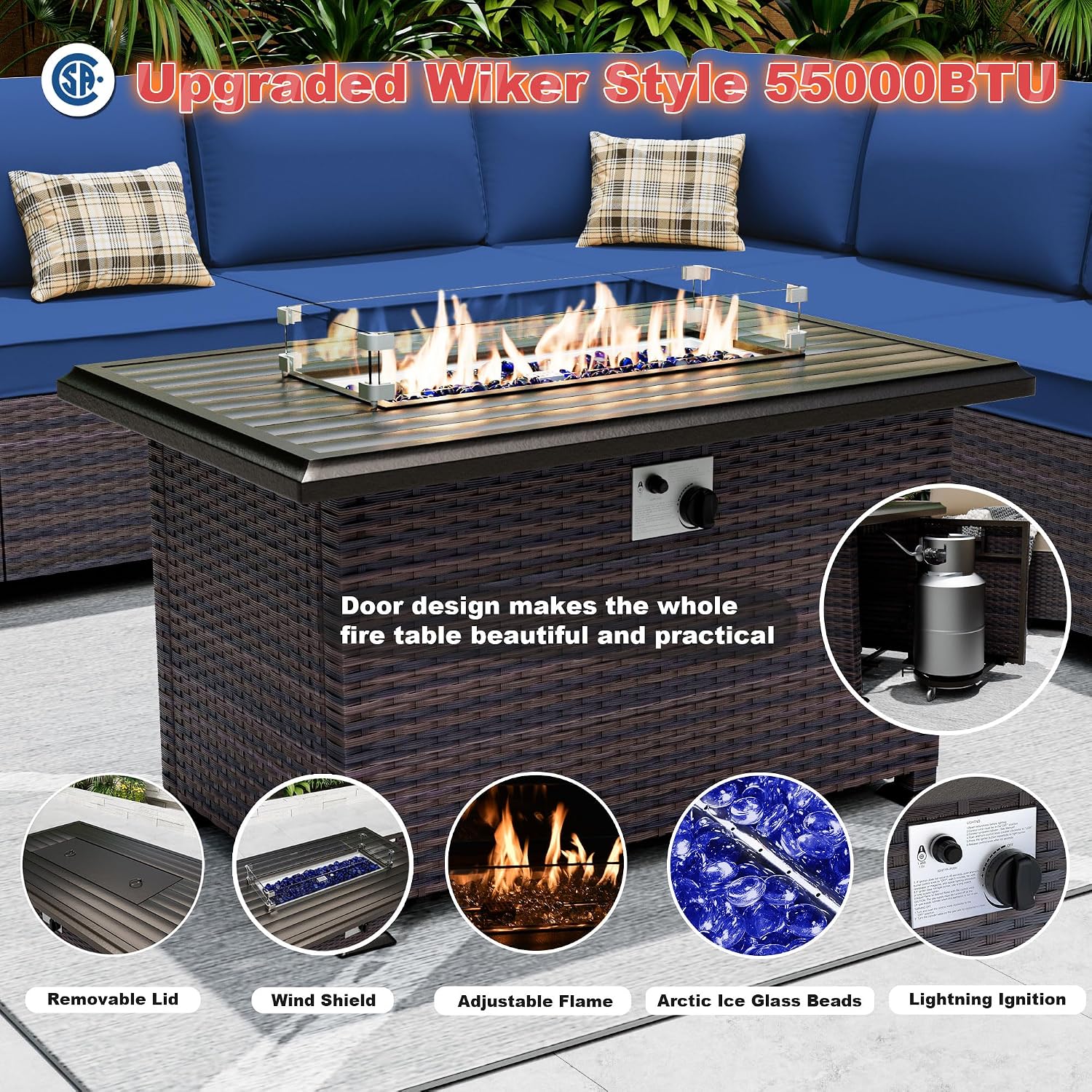 Outdoor Patio Furniture Set with Gas Fire Pit Table, 7 Pieces Patio Furniture Set Outdoor Sectional Sofa w/43in Propane Fire Pit, PE Wicker Rattan Patio Conversation Set - Dark Blue