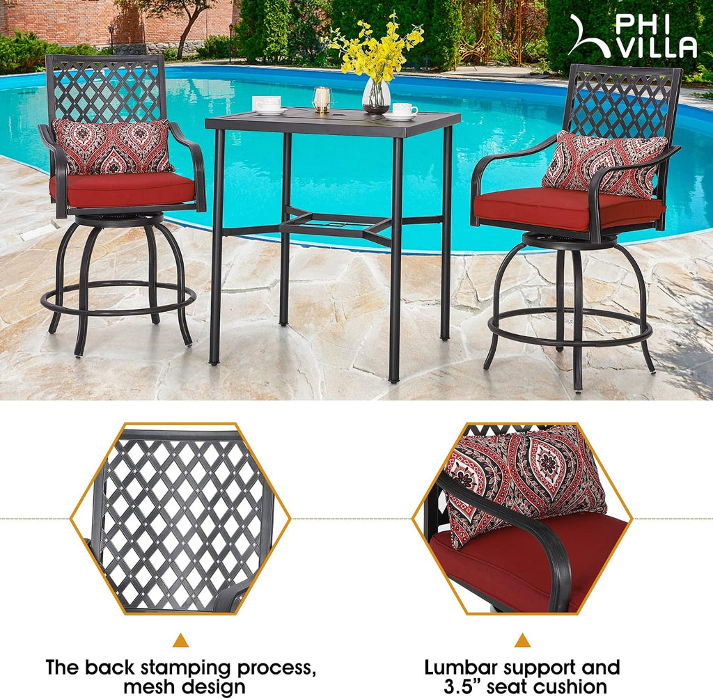 PHI VILLA 5 Piece Patio Bar Hight Dining Set for 4, Outdoor Bar Set with 4 Swivel Cushioned Bar Stools and 1 Square Metal Bar Table(1.9' Umbrella Hole) for Lawn Garden
