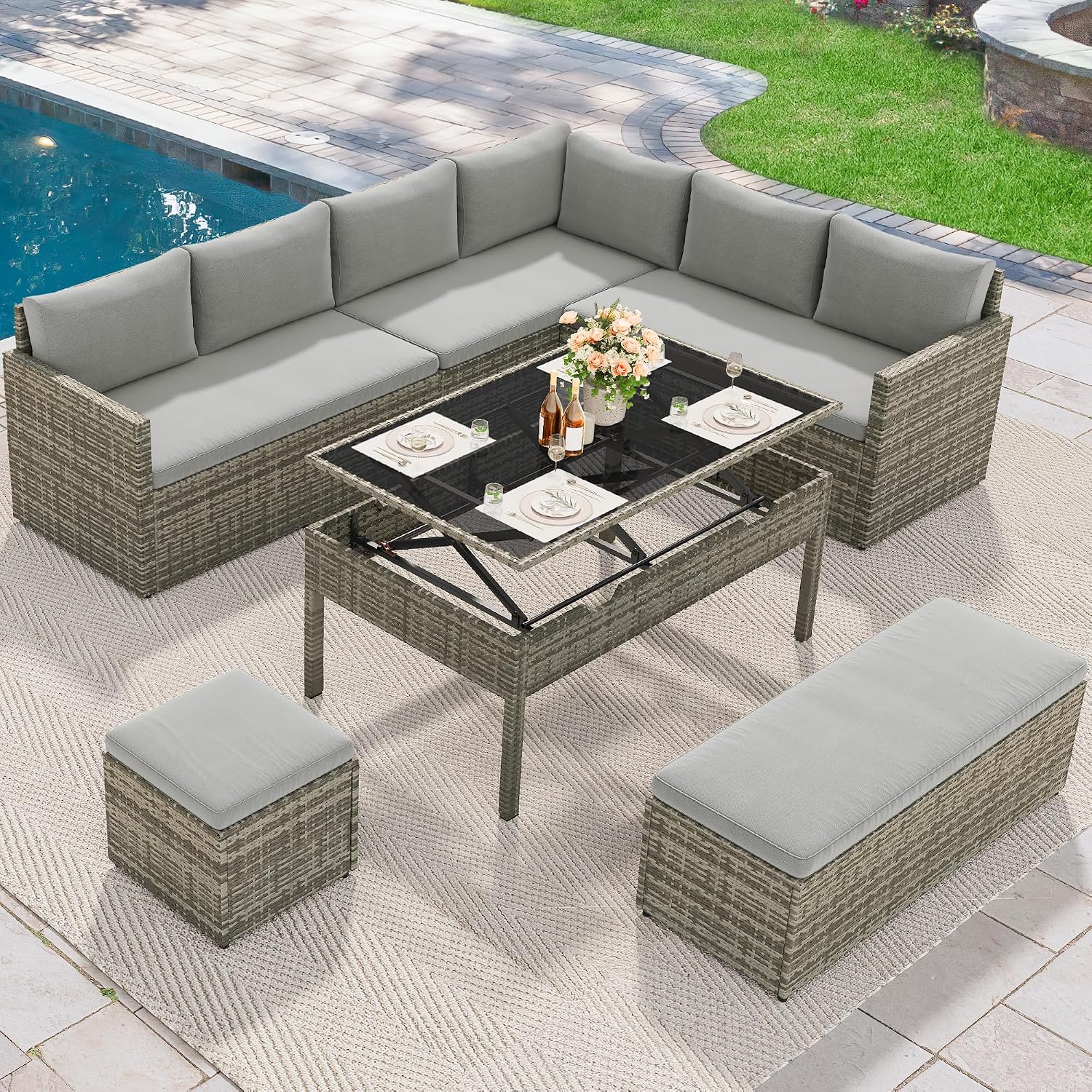 YITAHOME 9 Piece Patio Furniture Set, All-Weather Wicker Outdoor Sectional Sofa with Lift-Top Coffee Table & Ottoman, Patio Conversation Set for Deck, Backyard, Porch - Gray Gradient