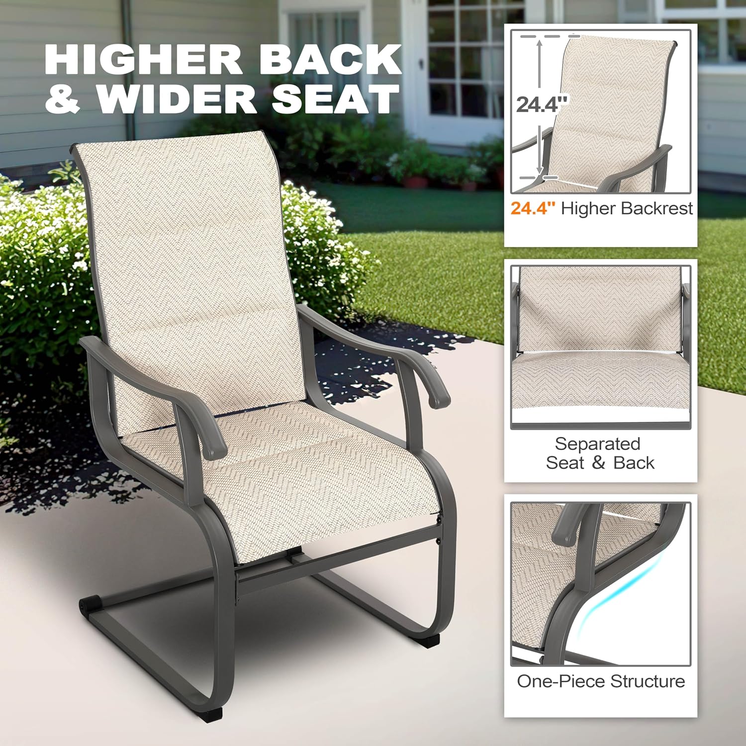 NUU GARDEN Patio Dining Chair Set of 4, Outdoor Spring Motion Chairs with Breathable Textilene, Comfortable Patio Chairs for Deck, Porch, Backyard & Indoor, Grayish Beige