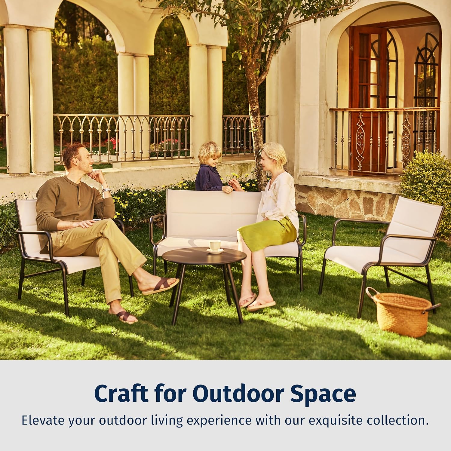 East Oak 4 Seats Outdoor Furniture Set, Waterproof Patio Furniture Set, Patio Loveseat with Coffee Table for Porch or Garden, 4-Piece Patio Conversation Sets for Balcony, Upgrade Beige