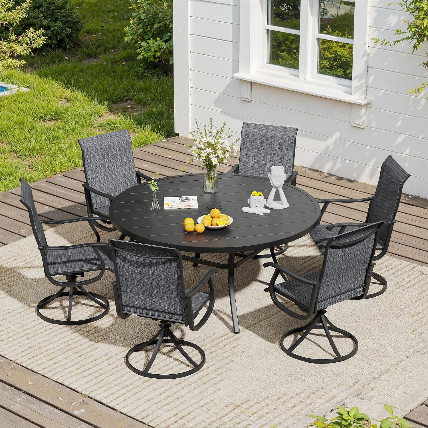 VICLLAX 7 Pieces Outdoor Dining Set, Patio Furniture Set of 6 Patio Swivel Dining Chairs and 50' Patio Round Table for Backyard, Dark Charcoal Chairs & Black Tabletop