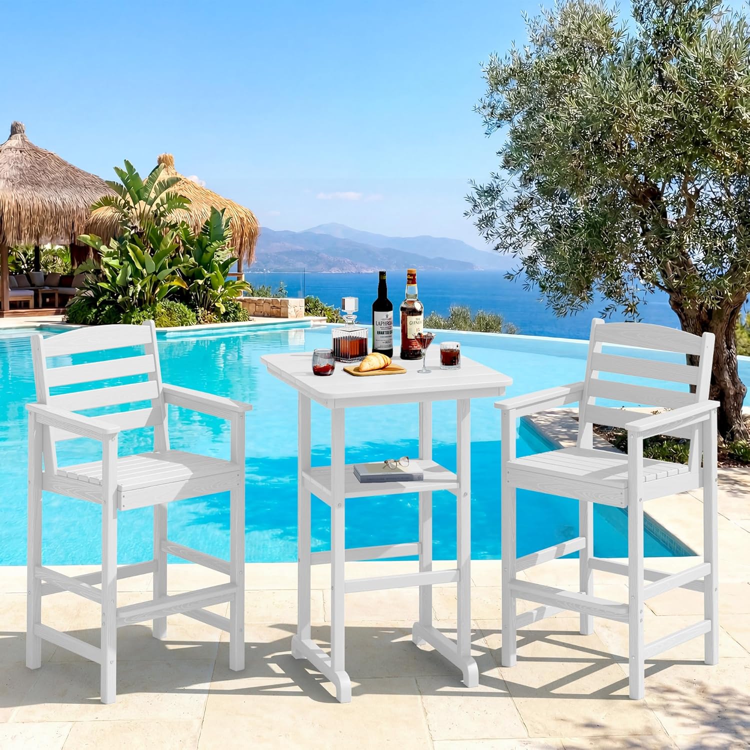 SERWALL Balcony Adirondack Chairs and Table 3 Pieces Set, Oversize Adirondack Bar Height Chairs Set of 2 and Bar Table, Outdoor Bar Stools Set, White
